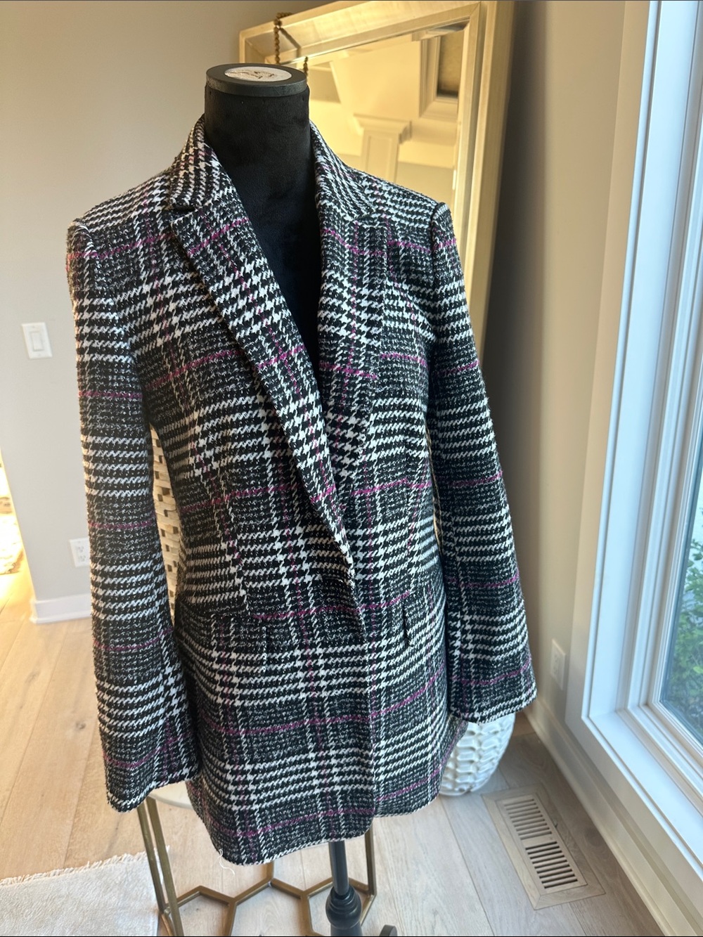 LOFT Black & White Plaid Blazer with Pink Accents